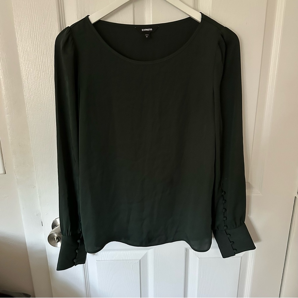 Dark Green Long Sleeve Blouse with Button Sleeves